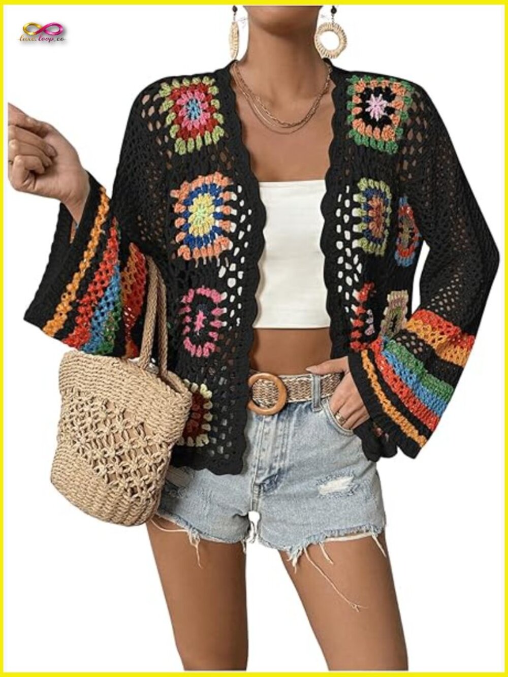 Floral Crochet Cardigan Open Front Long Sleeve Loose Sweater Boho Chic Y2K